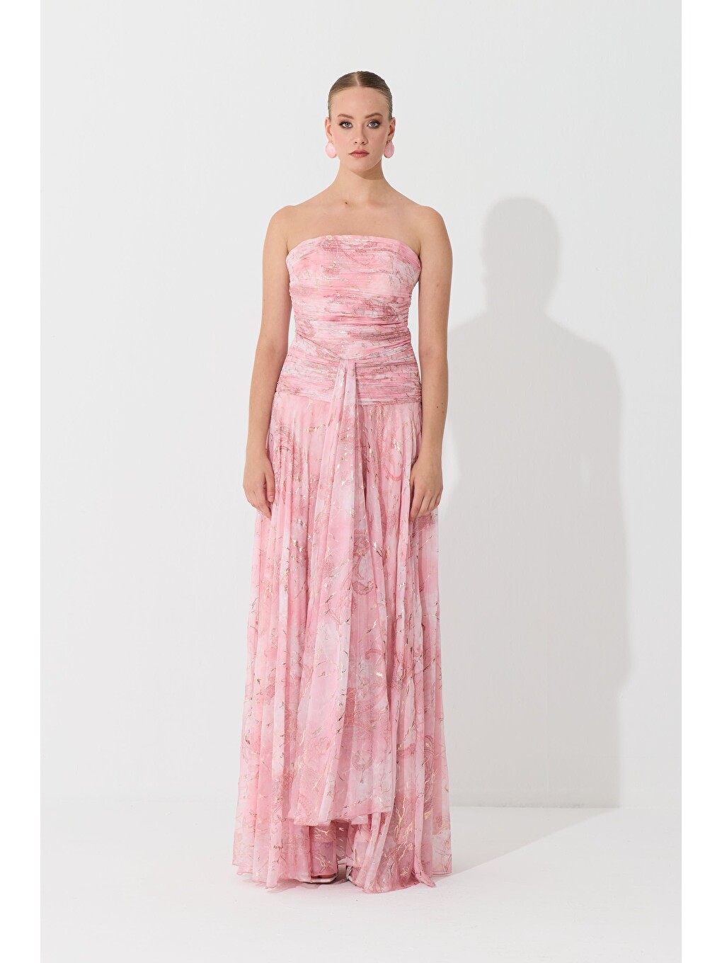 Pembe Pudra Straplez Desenli Abiye Elbise