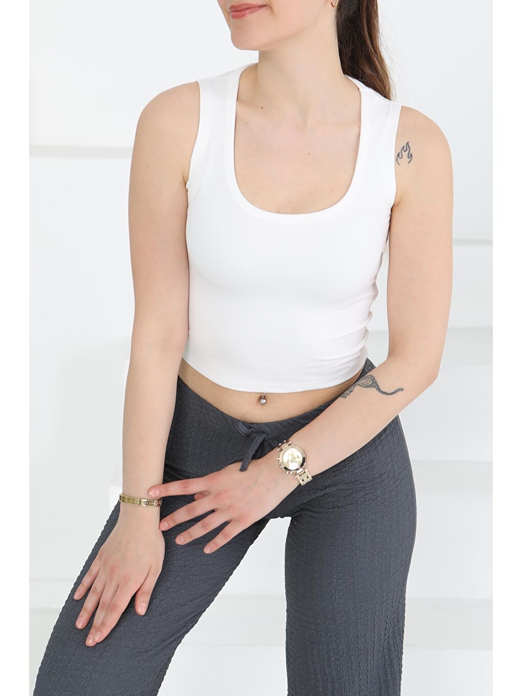 Cupralı Oval Yaka Crop Atlet Beyaz - 27278-1