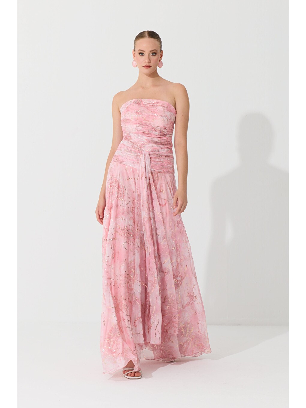 Pembe Pudra Straplez Desenli Abiye Elbise-1