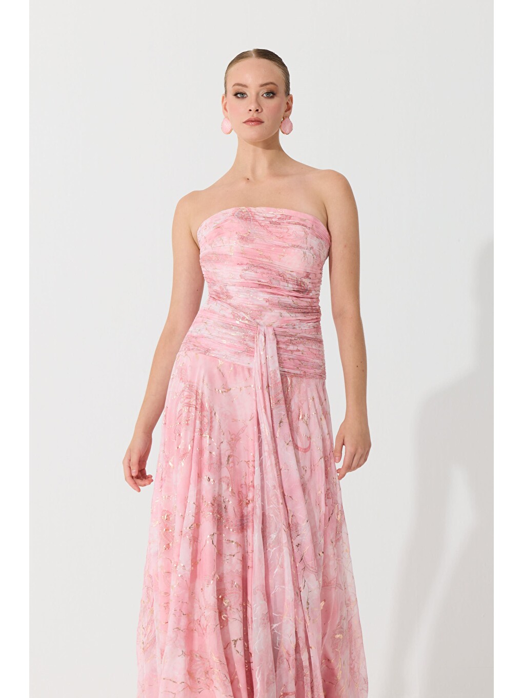 Pembe Pudra Straplez Desenli Abiye Elbise-2