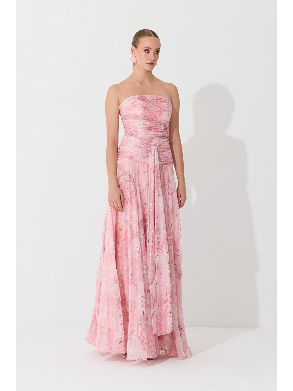 Pembe Pudra Straplez Desenli Abiye Elbise-3