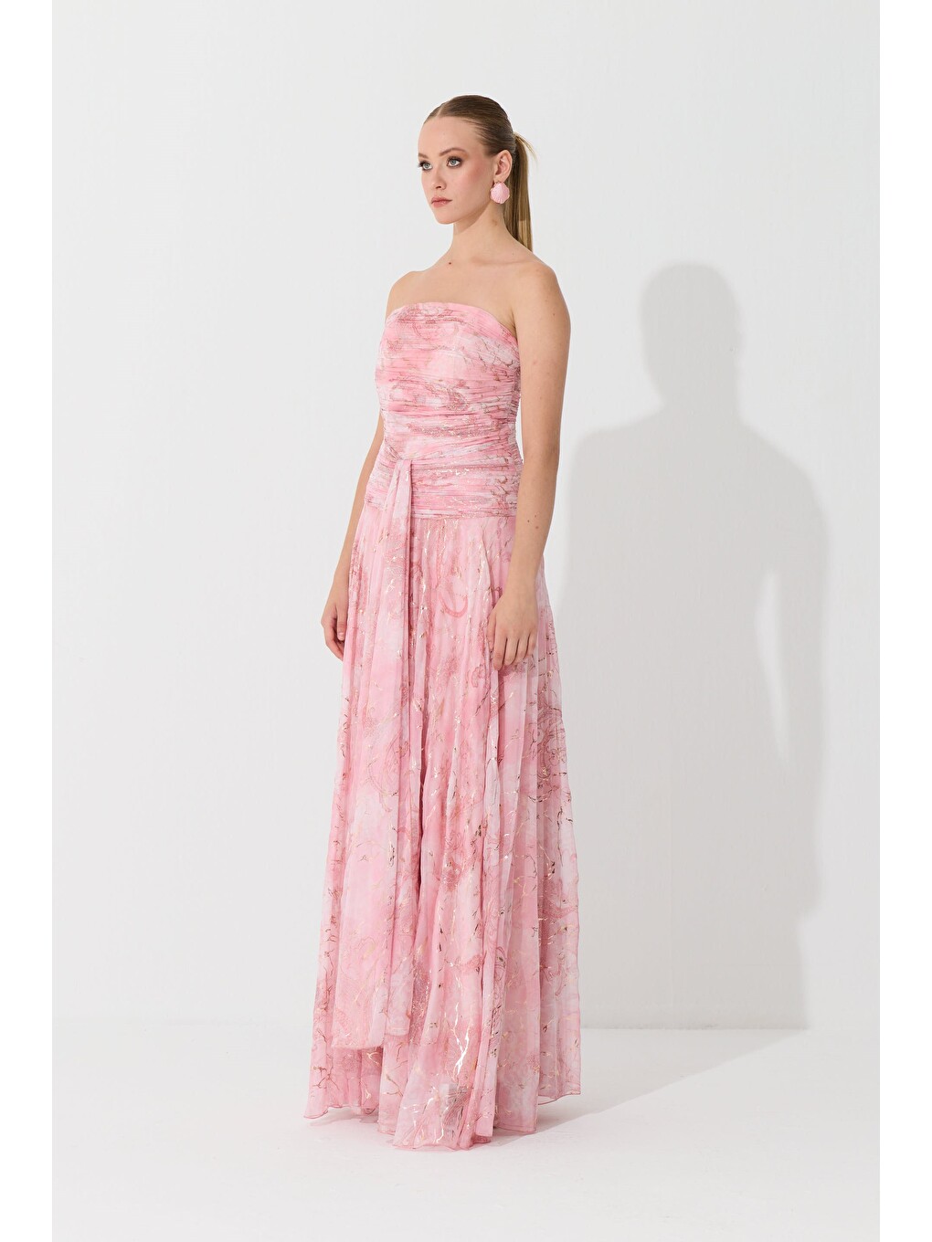 Pembe Pudra Straplez Desenli Abiye Elbise-4