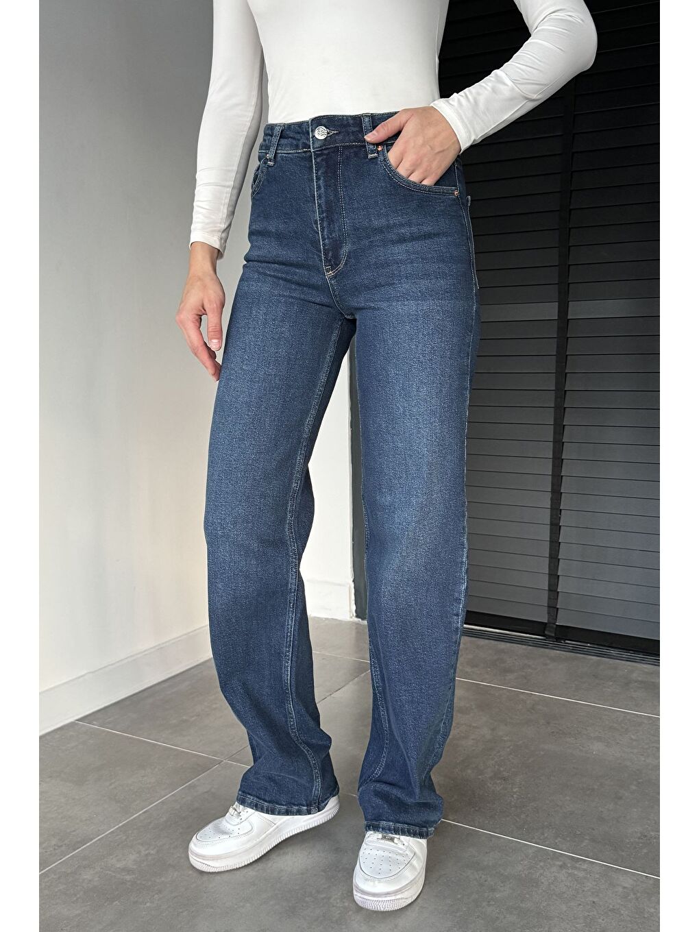 Lacivert Kadın Yüksek Bel Palazzo Jean Jean Pantolon-1