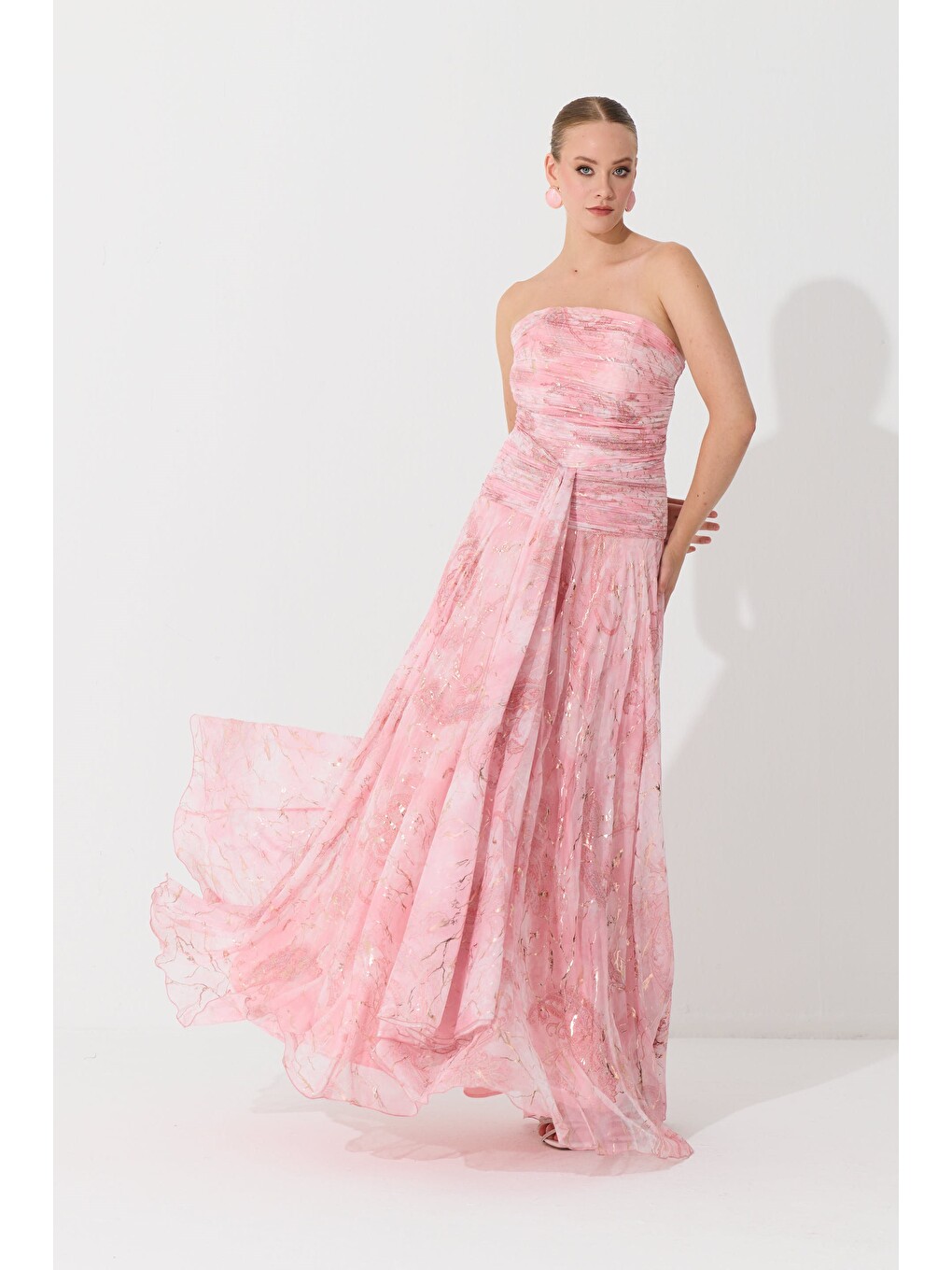 Pembe Pudra Straplez Desenli Abiye Elbise-5