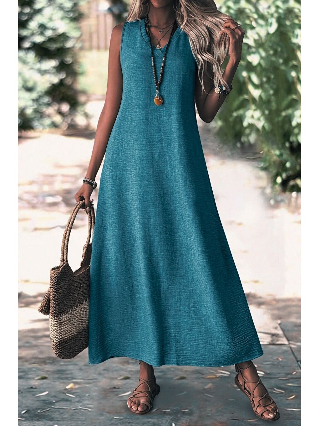Kadın Turkuaz V Yaka Kolsuz Maxi Boy Keten Elbise