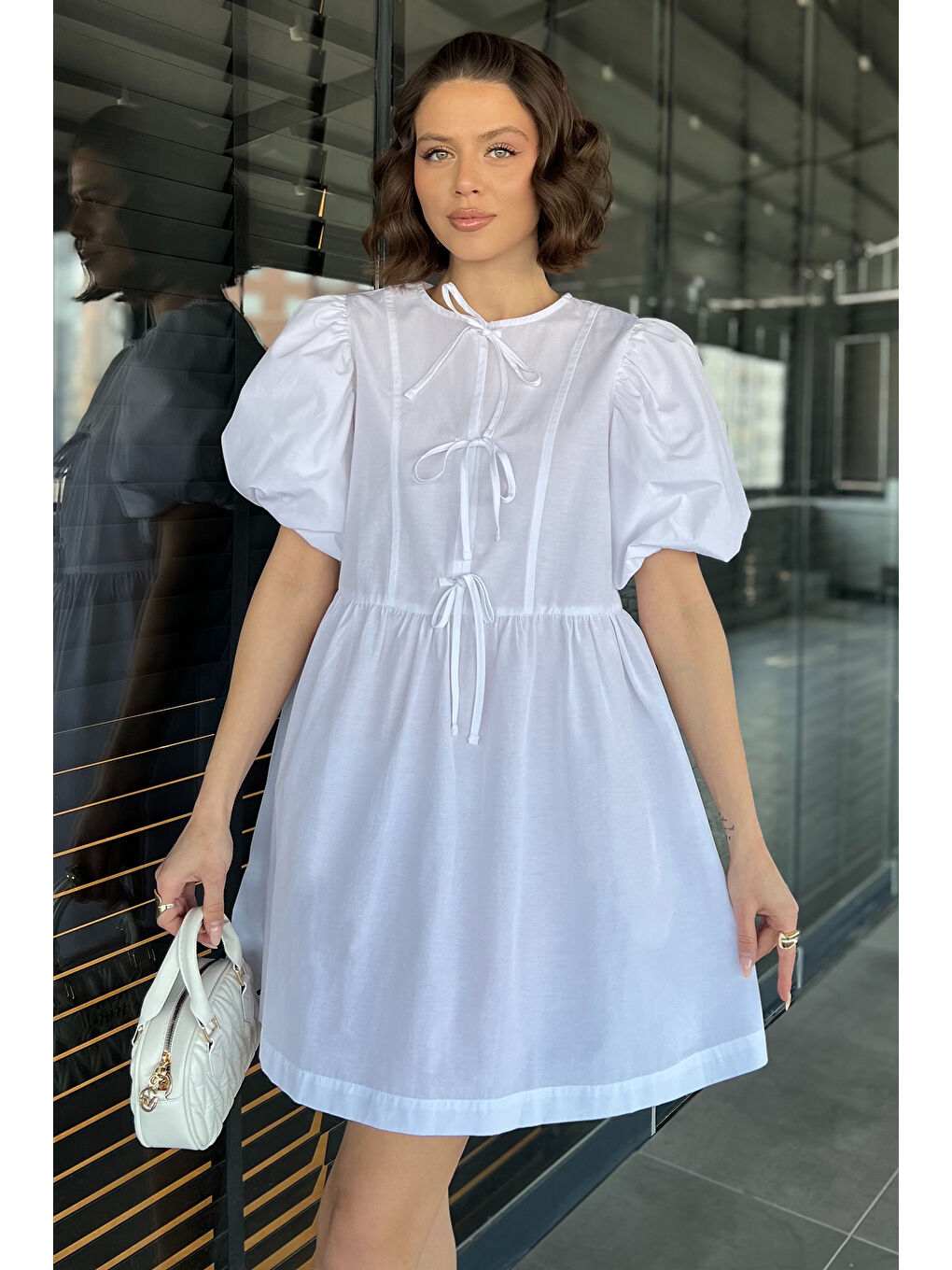 Beyaz Kadın Ön Bağlamalı Prenses Kol Elbise