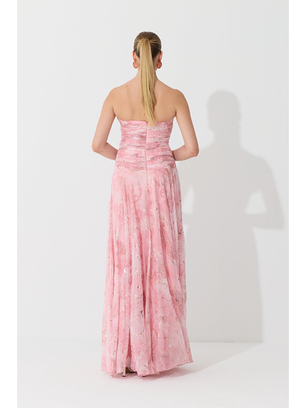 Pembe Pudra Straplez Desenli Abiye Elbise-6