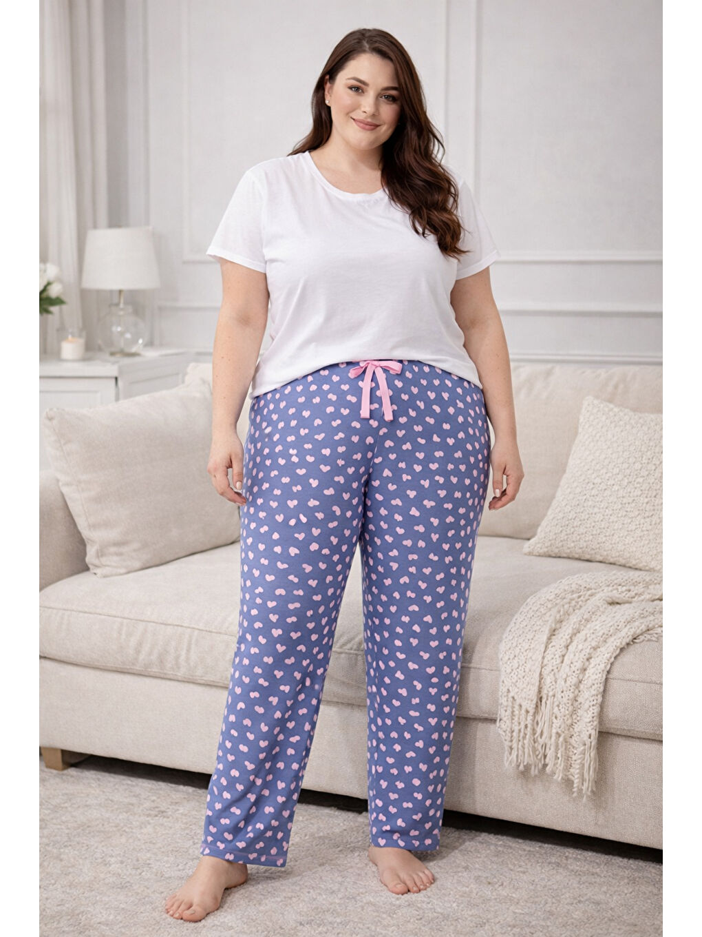 Büyük Beden Kadın Kalp Desen Viskon Kumaş Penye Battal Tek Pijama Alt 04 İndigo-1