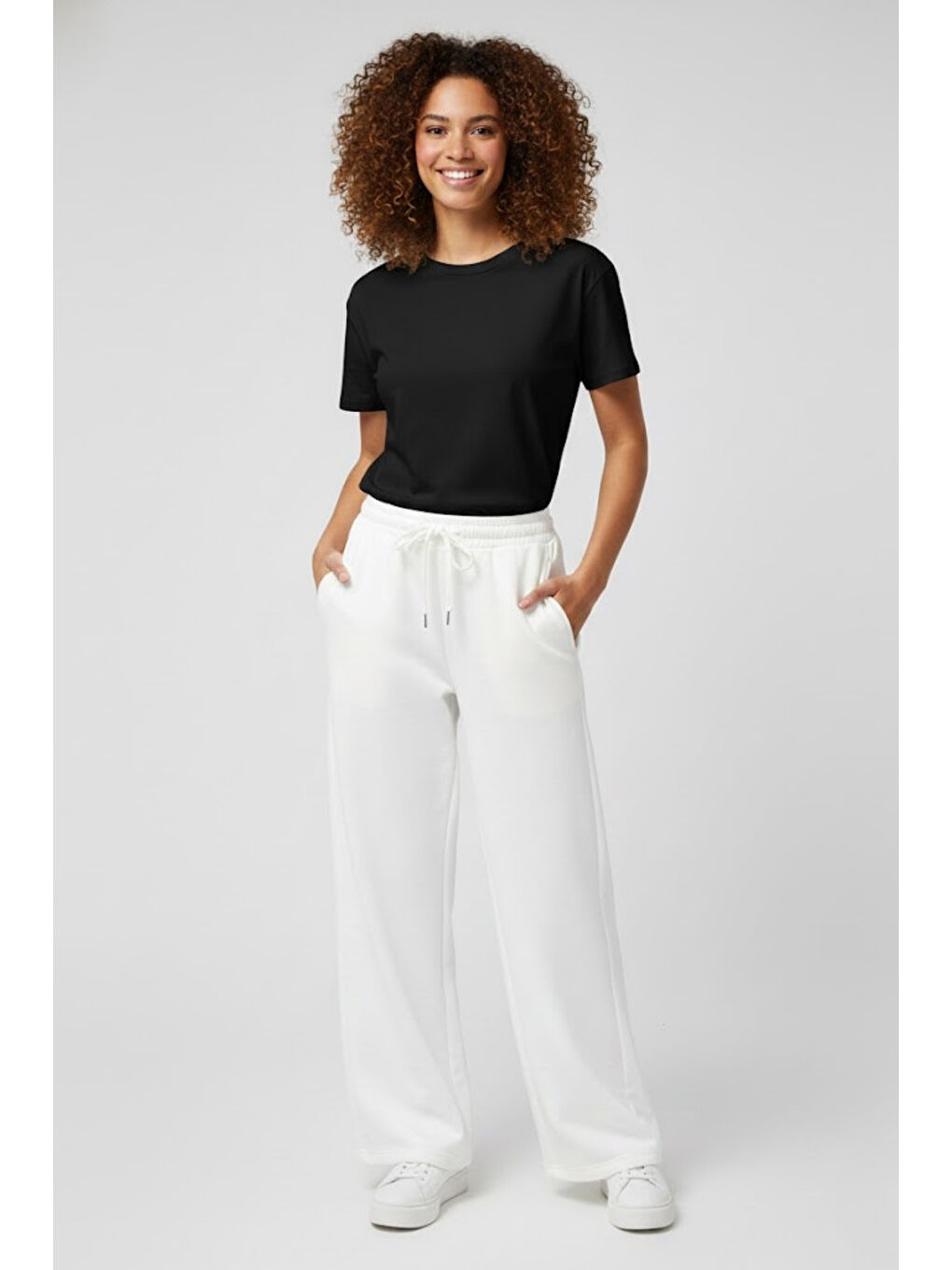 Ekru Kadın İki İplik Rahat Kalıp Yüksek Bel Geniş Paça Pantolon SPR26EAK988