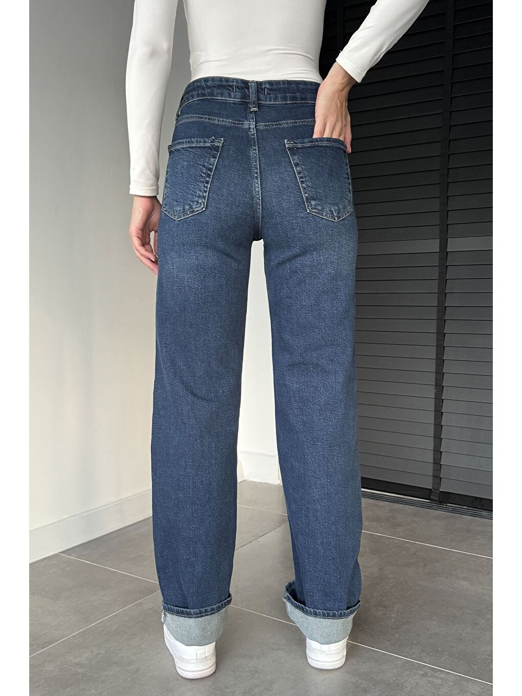 Lacivert Kadın Yüksek Bel Palazzo Jean Jean Pantolon-2