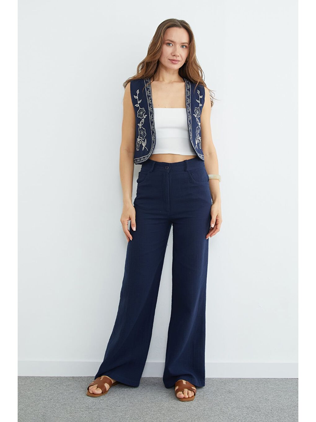 Lacivert Yüksek Bel Fermuarlı Müslin Kumaş Pantolon-2