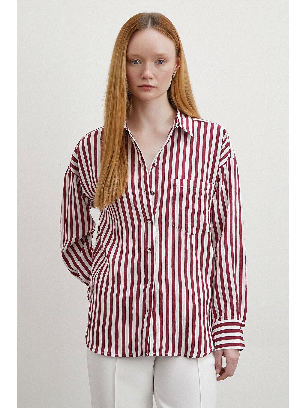 Multi Çizgili Cepli Gömlek Bordo-1