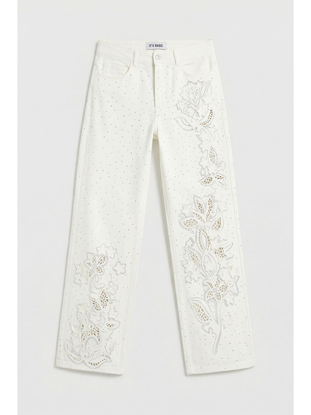 Kadın Kırık Beyaz T-7s6-101 Loose Fit Nakış ve Dantel Detaylı Özel Tasarım Denim Jean-5
