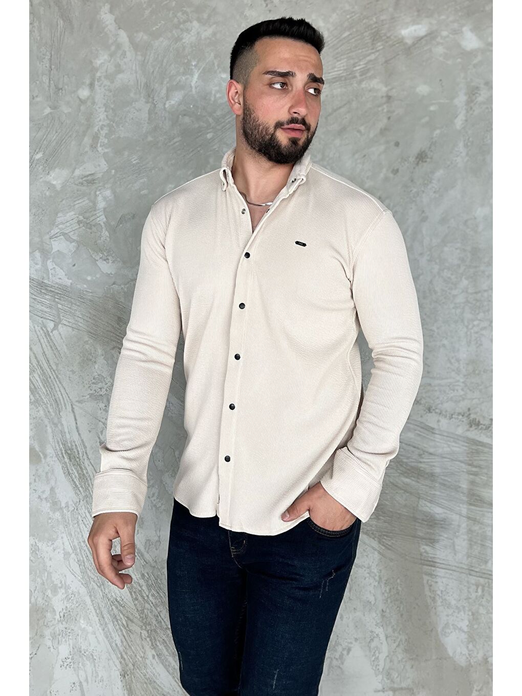 Bej Erkek Uzun Kol Elastanlı Gömlek-1