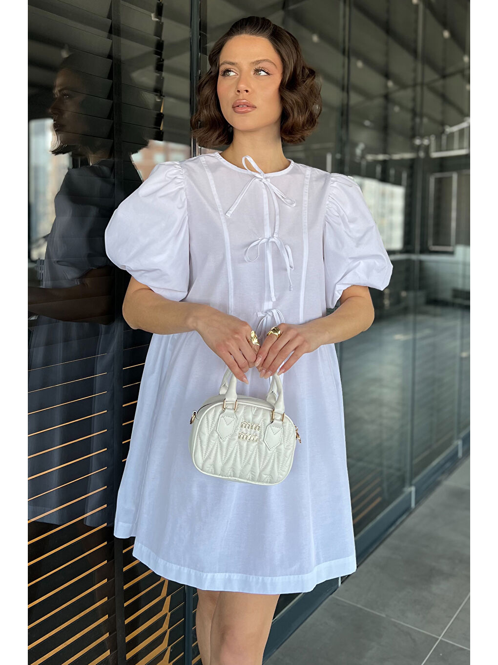 Beyaz Kadın Ön Bağlamalı Prenses Kol Elbise-1