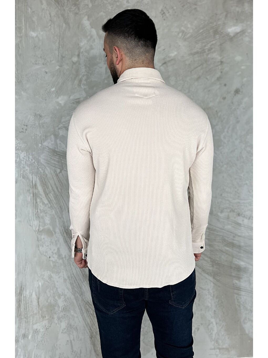 Bej Erkek Uzun Kol Elastanlı Gömlek-2