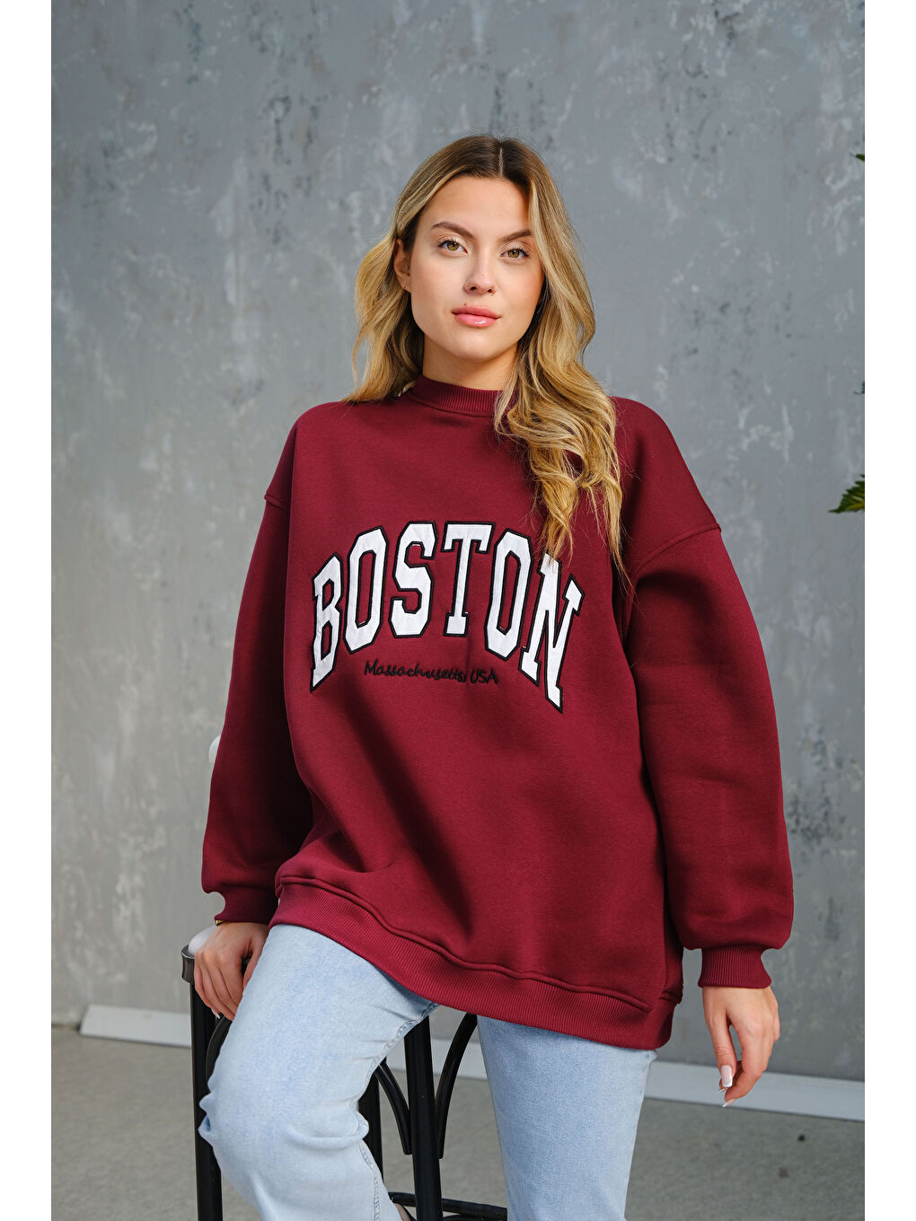 Locco Moda Boston Baskılı Sweat Bordo