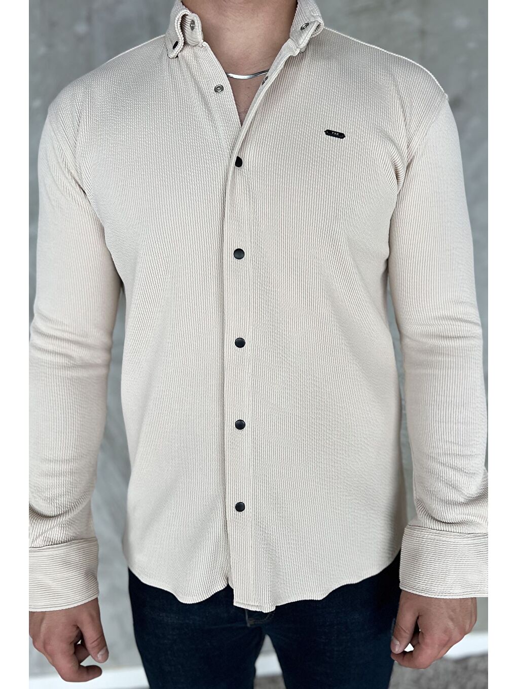 Bej Erkek Uzun Kol Elastanlı Gömlek-3