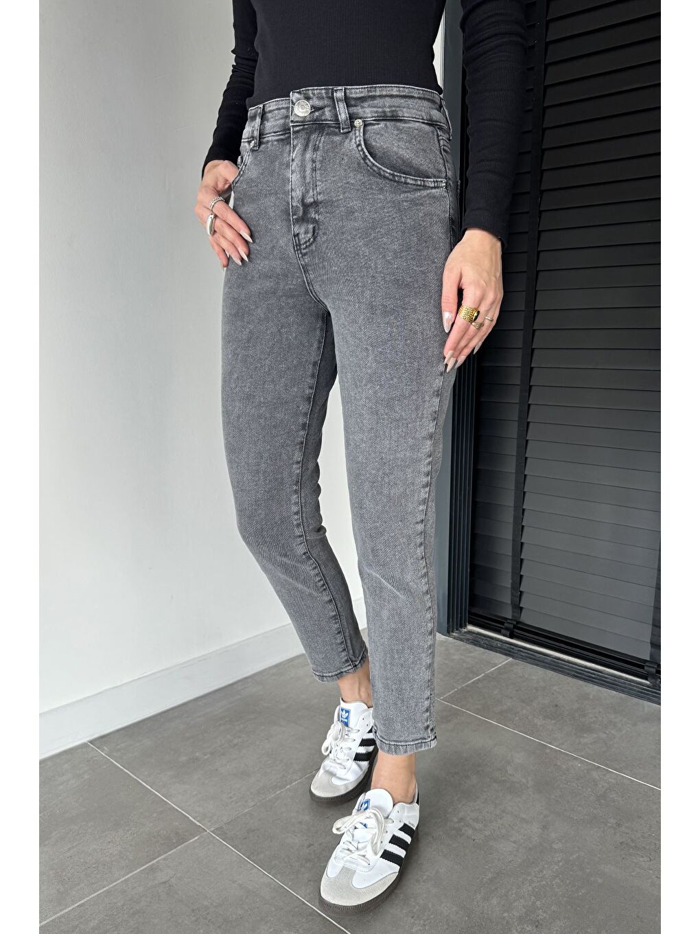 Gri Kadın Boyfriend Mom Jeans Pantolon-1
