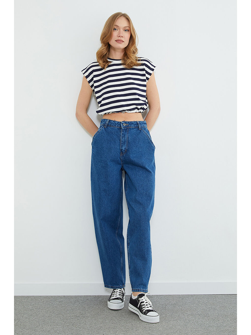 Mavi Yüksek Bel Şalvar Jean-1