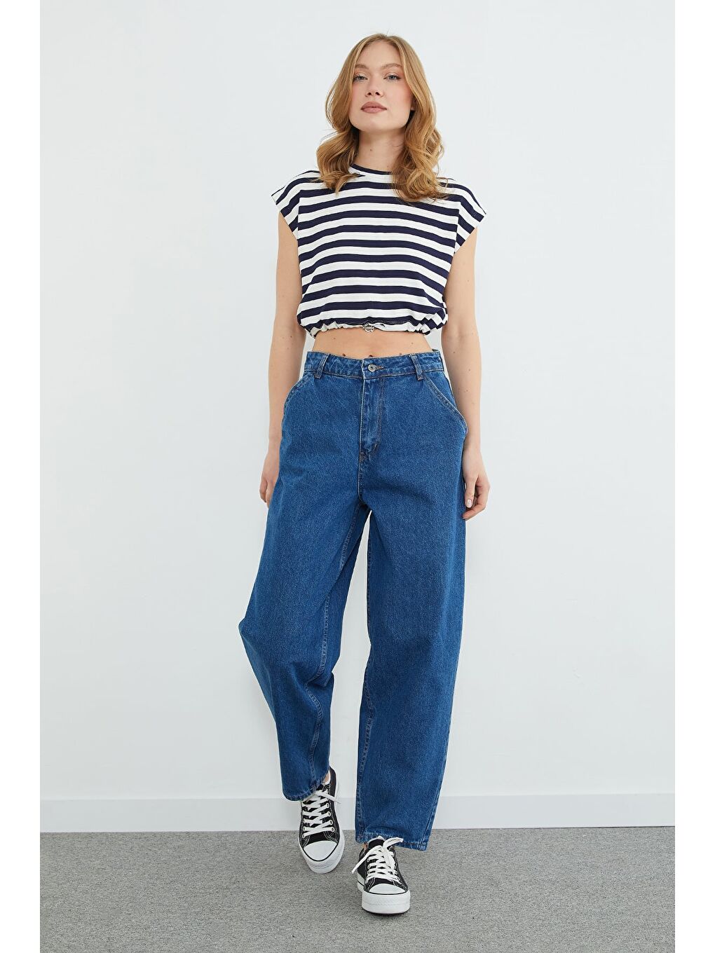 Mavi Yüksek Bel Şalvar Jean-2