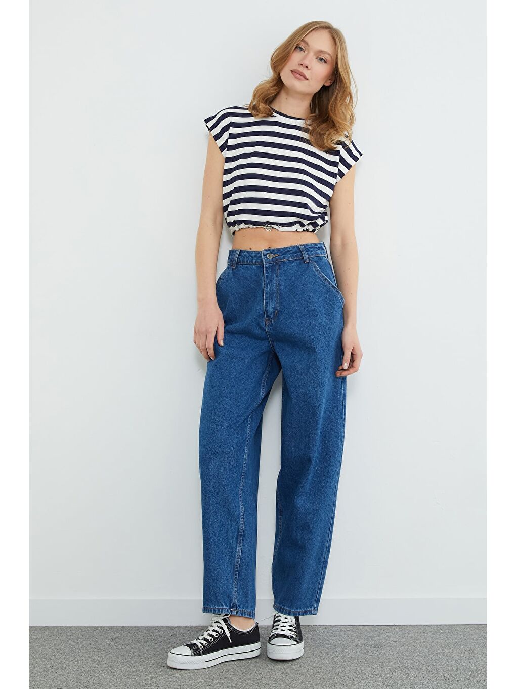 Mavi Yüksek Bel Şalvar Jean-3