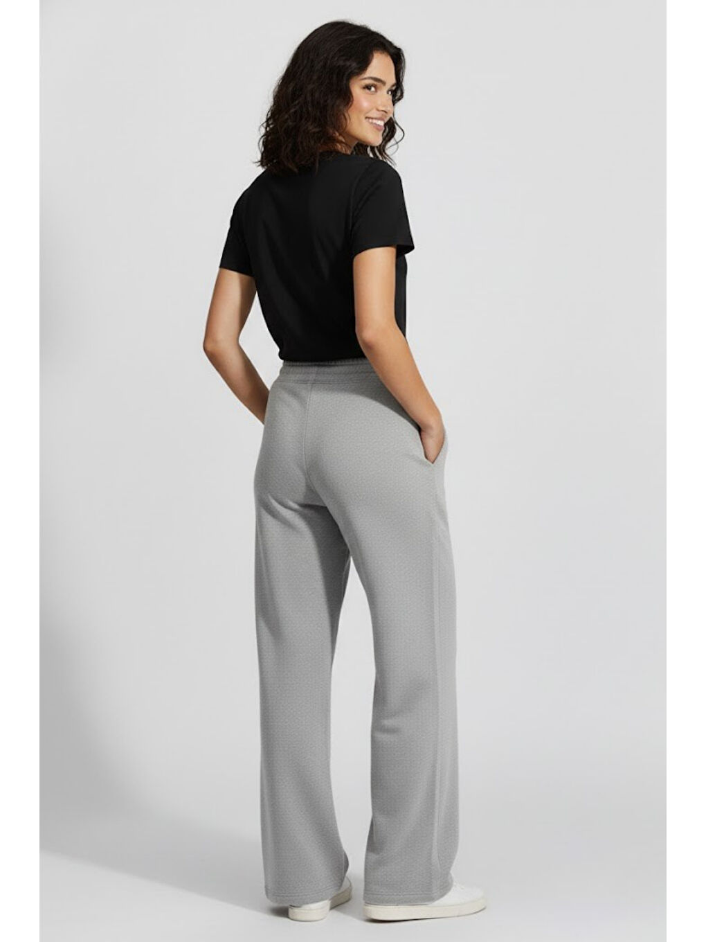 Gri Kadın İki İplik Rahat Kalıp Yüksek Bel Geniş Paça Pantolon SPR26EAK988-2