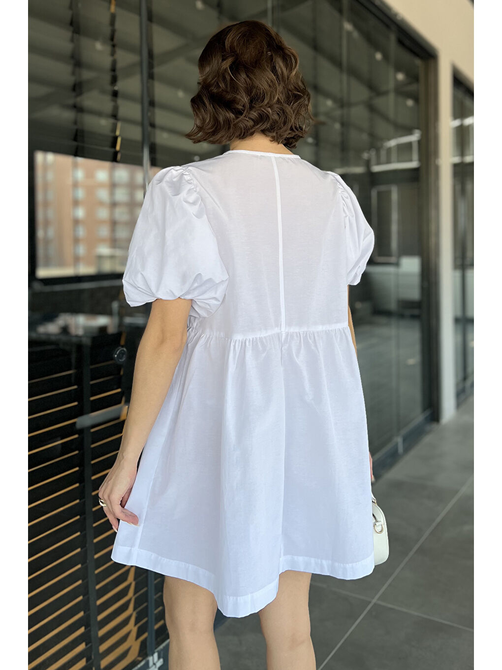 Beyaz Kadın Ön Bağlamalı Prenses Kol Elbise-2