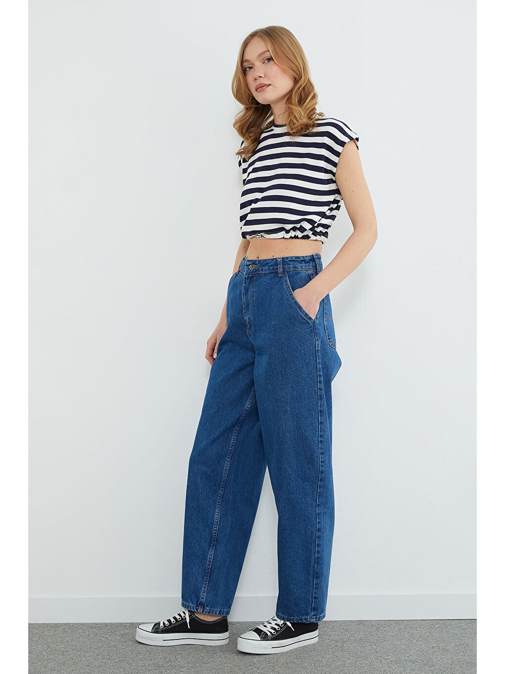 Mavi Yüksek Bel Şalvar Jean-4