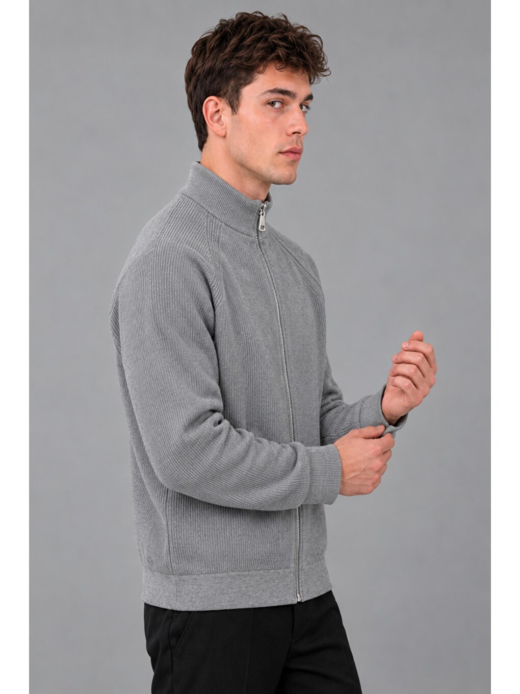 Gri Fermuarlı Örgü Dik Yaka Hırka Dp 18465_60399-3