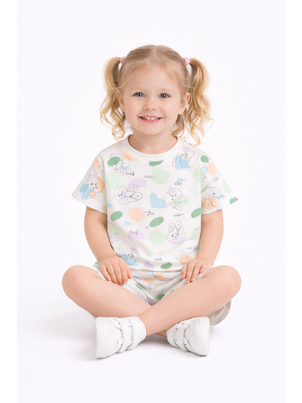 Beyaz Kız Çocuk Şortlu Takım Yazlık Pamuklu Tişört Şort 2’li Set-1