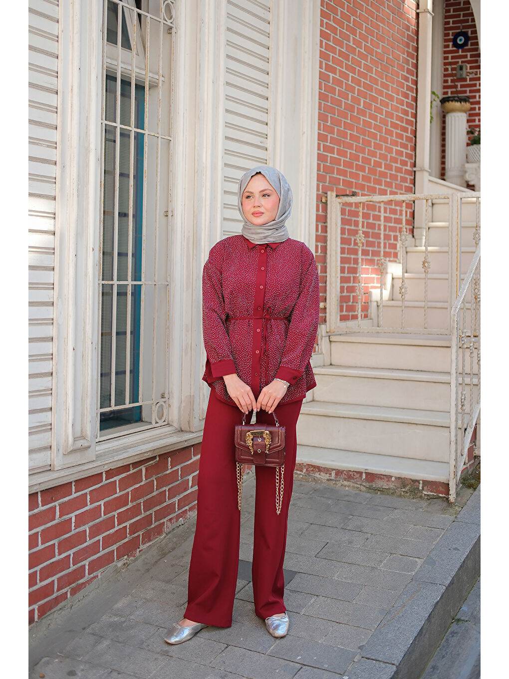 Kadın Taş Detay Düğmeli Gömlek Yaka Takım Bordo-3