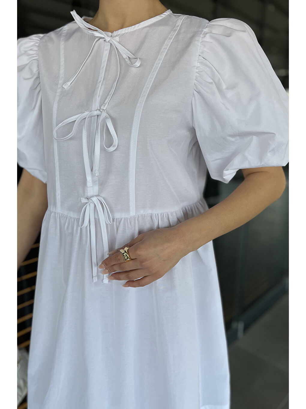 Beyaz Kadın Ön Bağlamalı Prenses Kol Elbise-3