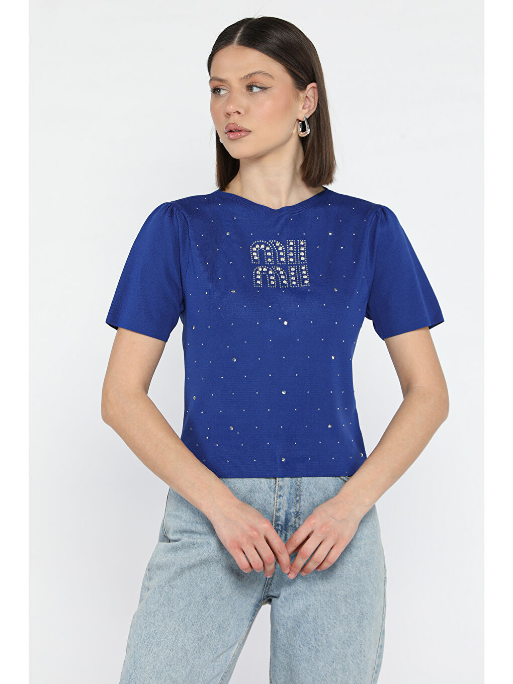 Mavi Omuz Pileli Taş Detaylı Kadın Triko Bluz-1