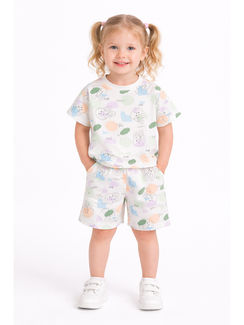 Beyaz Kız Çocuk Şortlu Takım Yazlık Pamuklu Tişört Şort 2’li Set-2