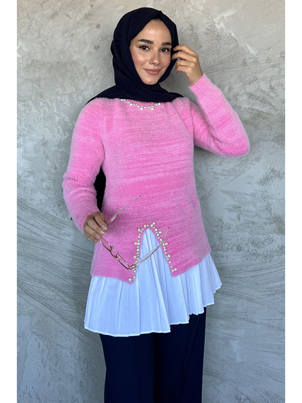Pembe İnci Ve Taş İşlemeli Garnili Yumoş Tesettür Triko Kazak (s-m-l Beden Uyumludur.)-2