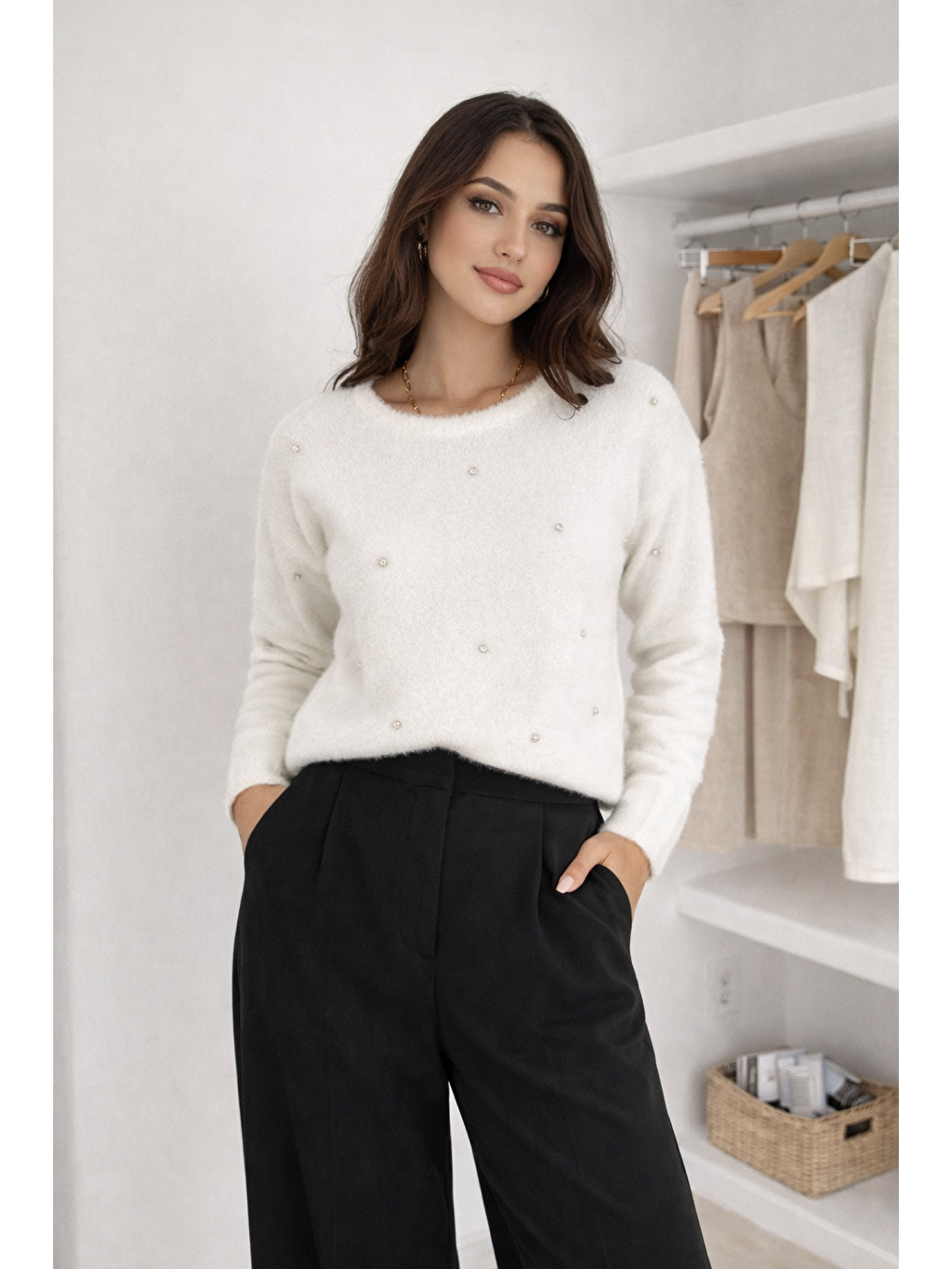Ekru Kadın Taşlı Yumuşak Dokulu Kaliteli Triko Yumoş Kazak-1