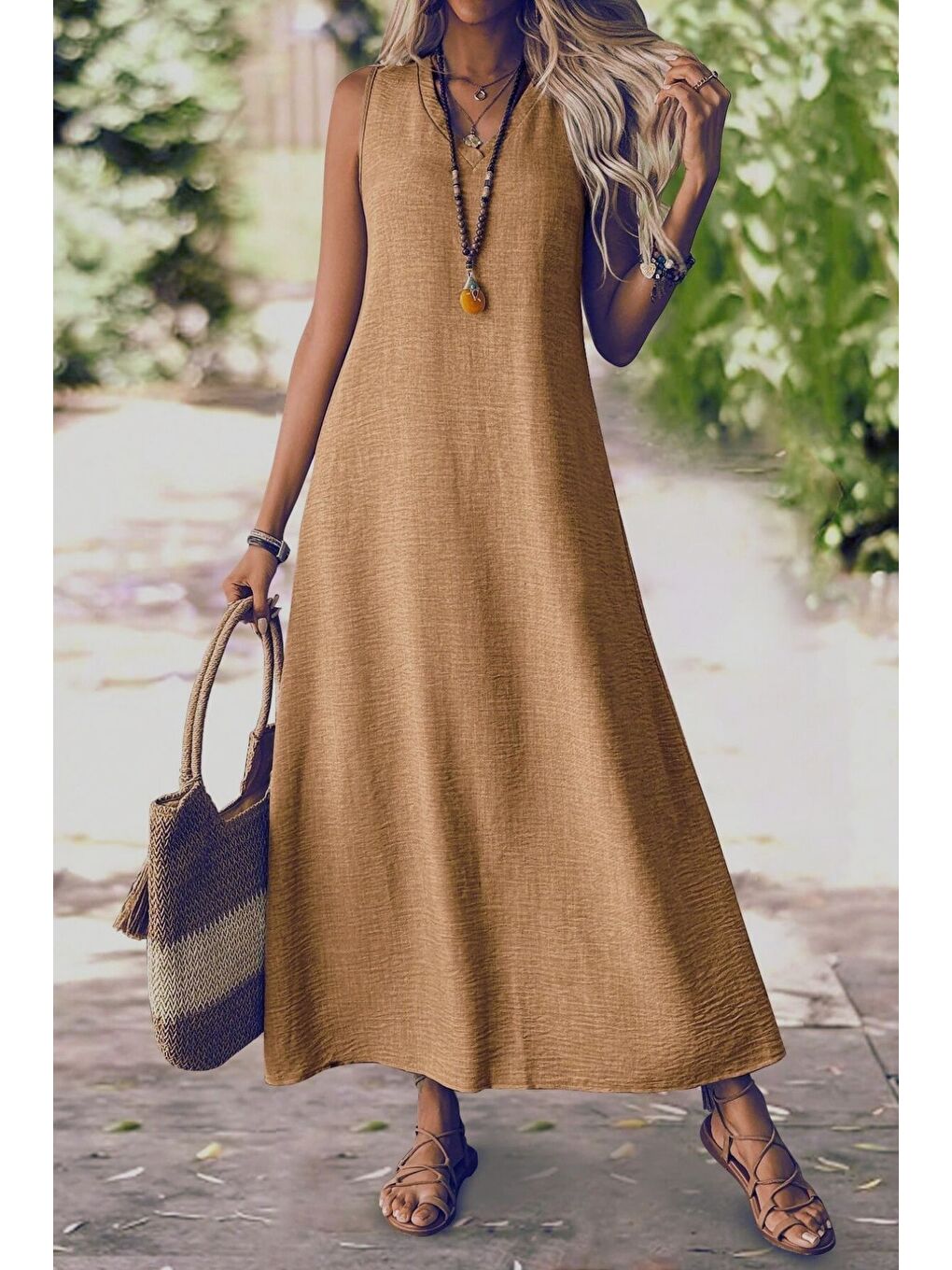 Kahverengi Kadın Camel V Yaka Kolsuz Maxi Boy Keten Elbise