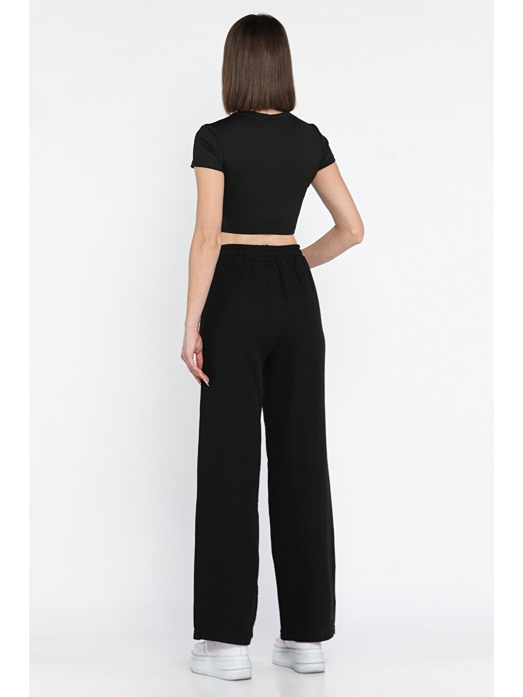 Siyah Bel Bağlamalı Kadın Bol Paça Pantolon-2