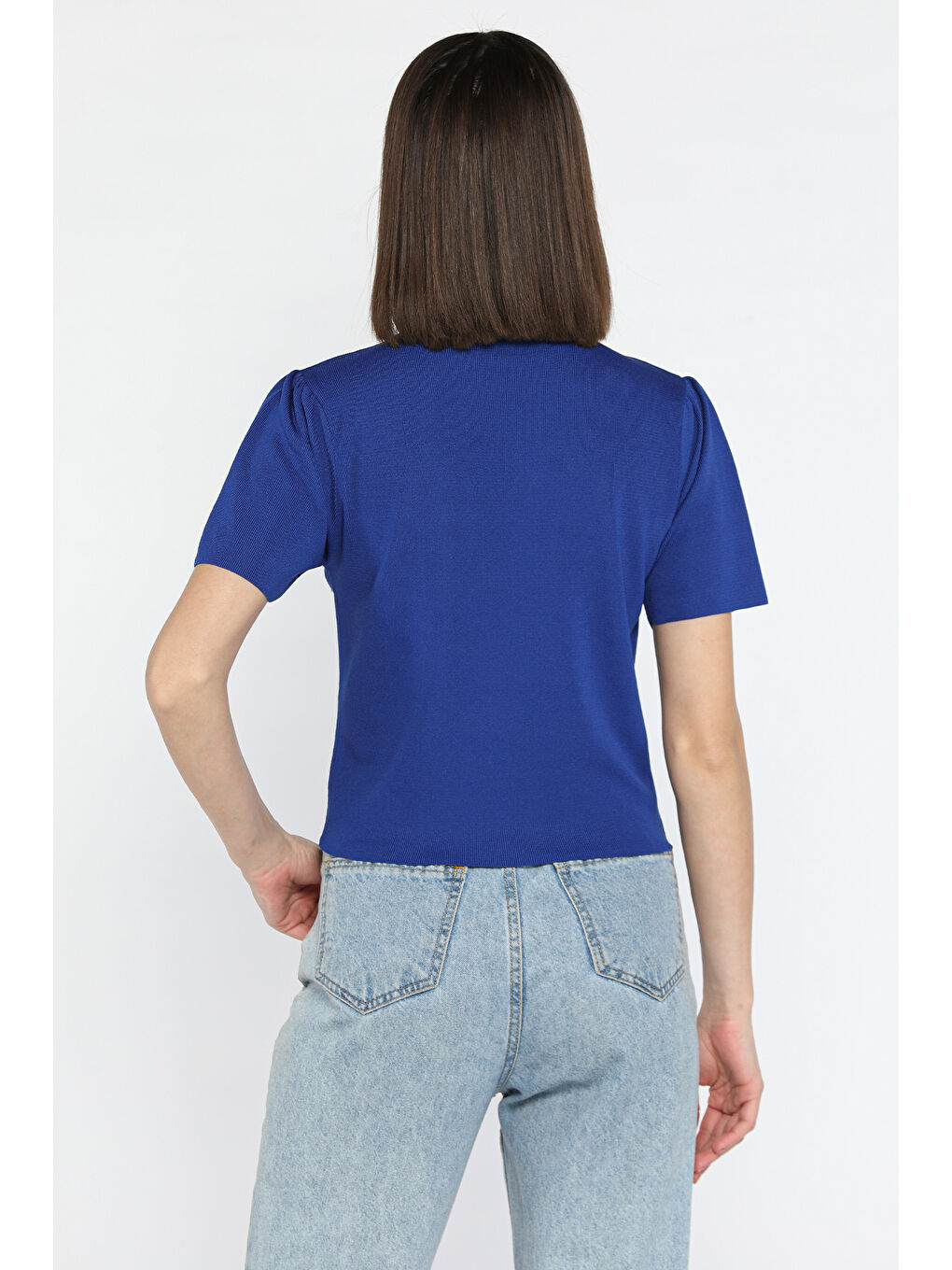 Mavi Omuz Pileli Taş Detaylı Kadın Triko Bluz-2