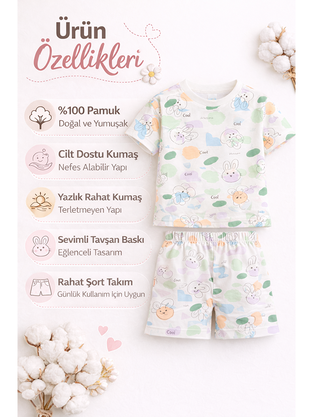 Beyaz Kız Çocuk Şortlu Takım Yazlık Pamuklu Tişört Şort 2’li Set-4