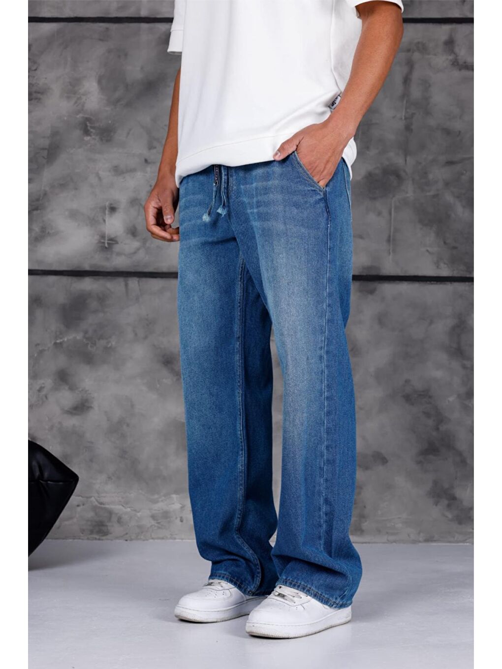 Yeşil Jackson Unisex Oversize Beli İpli ve Lastikli Denim Jean Pantolon - Baggy Jean