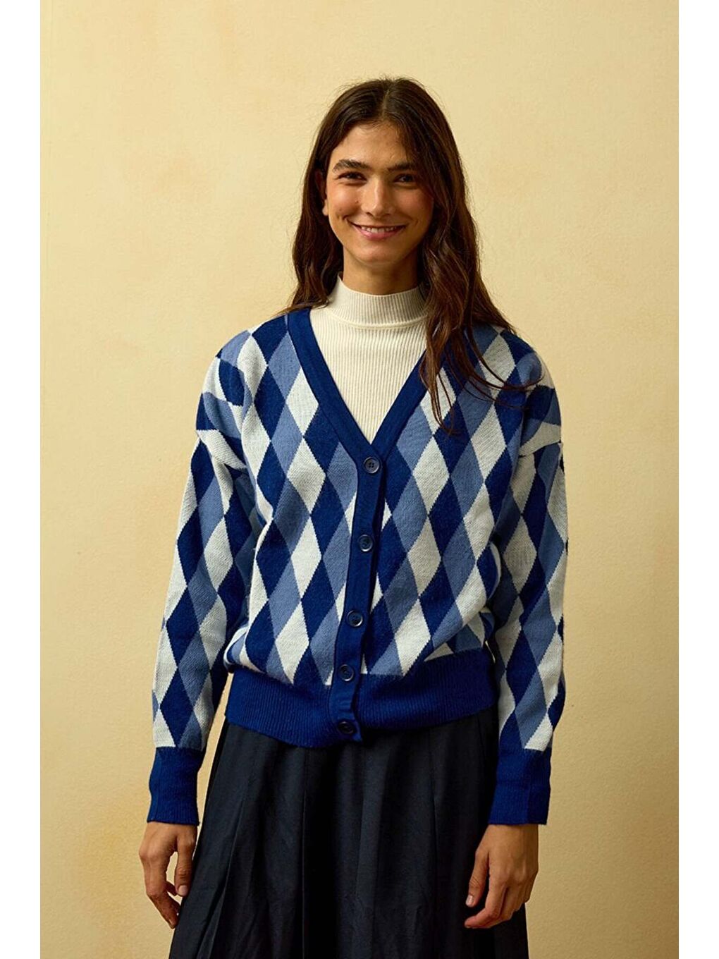 Lacivert Baklava Desenli Triko Hırka