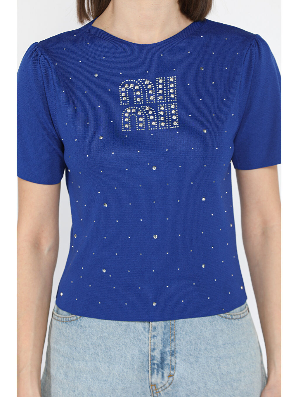 Mavi Omuz Pileli Taş Detaylı Kadın Triko Bluz-3