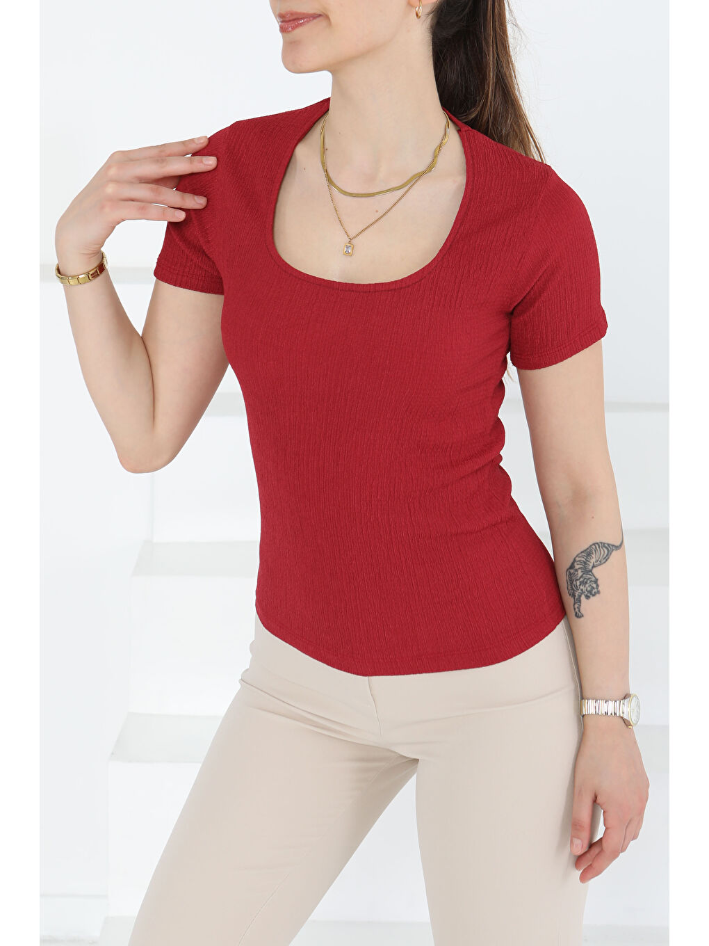 Kısa Kollu Bluz Bordo - 27235-1