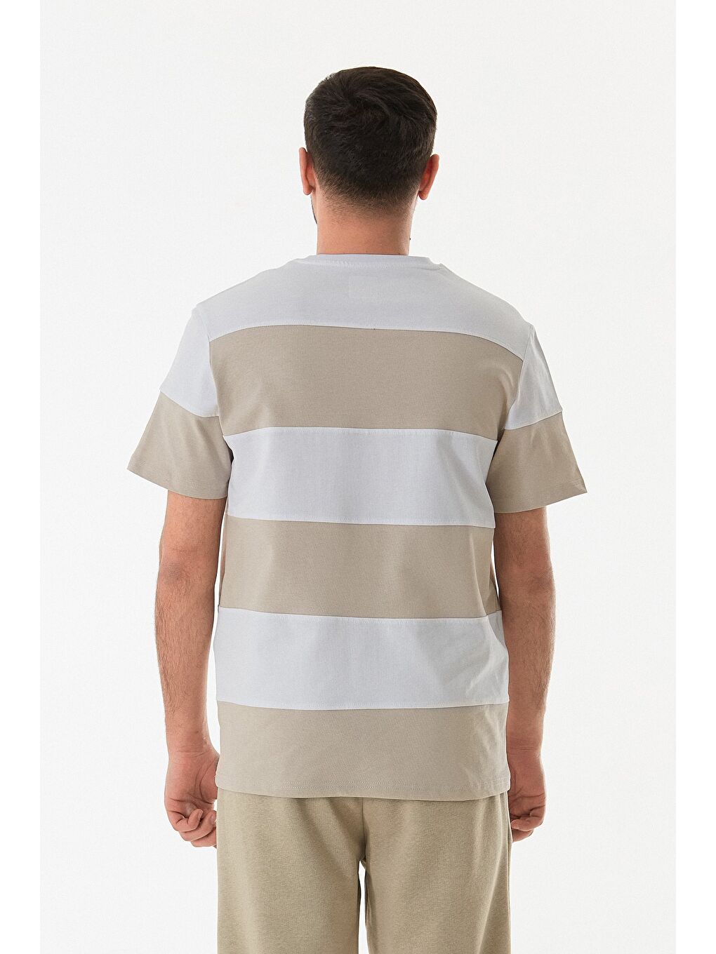 Bej Şeritli Bisiklet Yaka Oversize Tişört-2