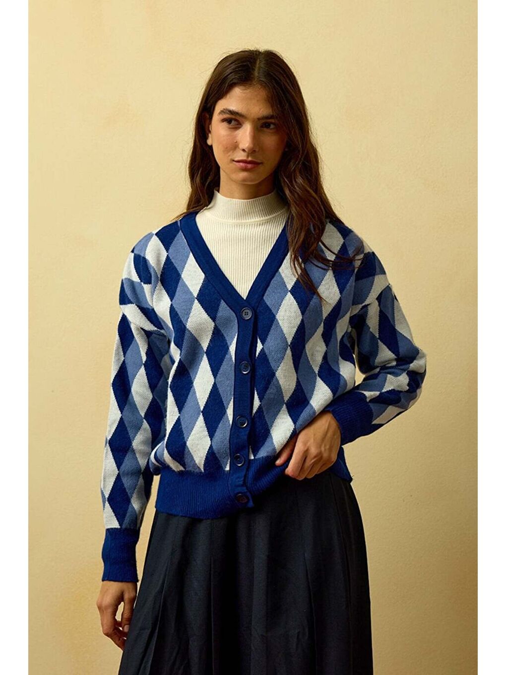 Lacivert Baklava Desenli Triko Hırka-1