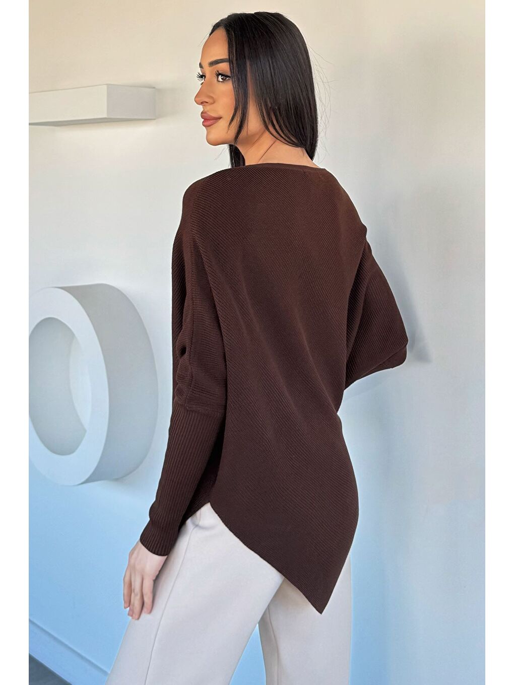 Kahverengi Asimetrik Kesim Triko Kazak-3