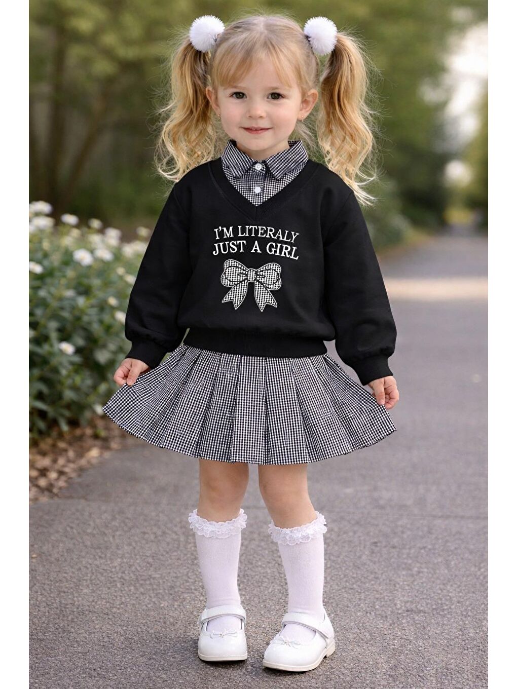 Gömlek Yaka Fiyonk Nakışlı Piti Kare Siyah Renk Kız Çocuk Etekli Takım
