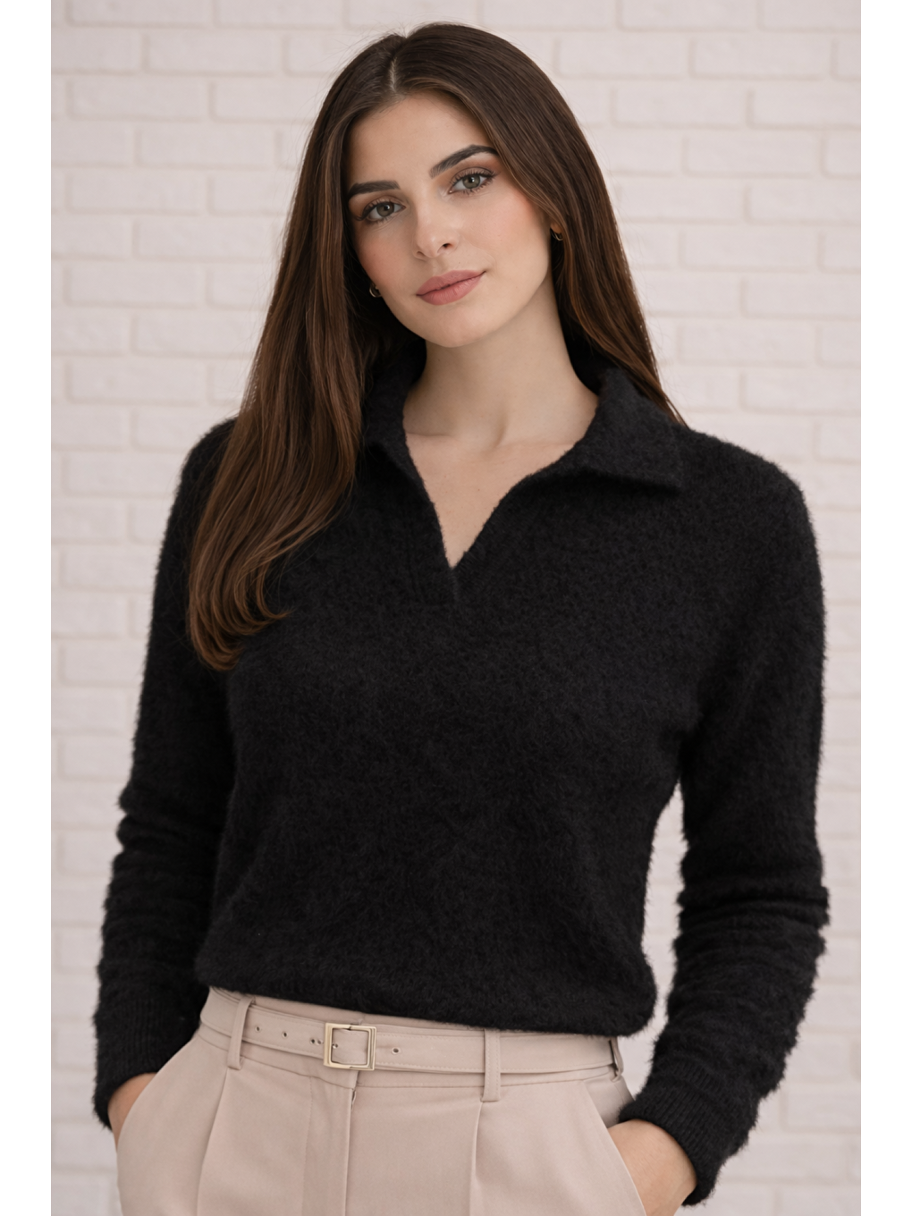 Siyah Kadın Yumuşak Dokulu V Yaka Kaliteli Esnek Kazak